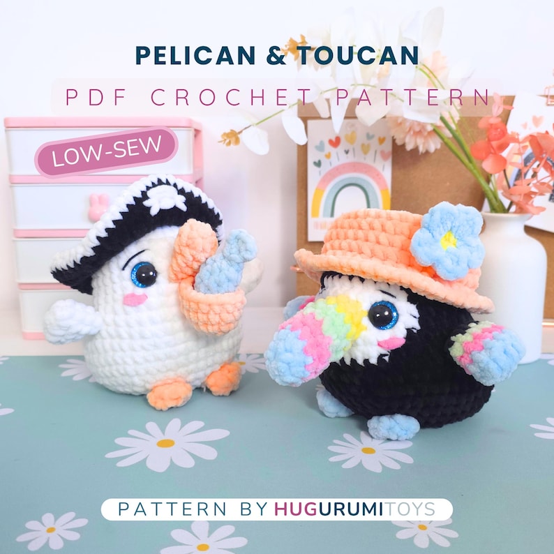 Crochet Pattern 2 in 1 Low-Sew Bird Pelican and Toucan | Fast & Easy Amigurumi with 3 Hats | Beginner-Friendly Plush for Spring image 1