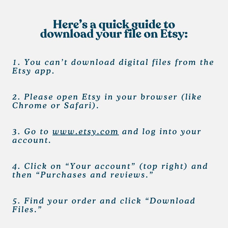 Pu&ograve; includere: Un grafico turchese con istruzioni su come scaricare file da Etsy. Il testo recita: "Ecco una guida rapida per scaricare il tuo file su Etsy". I passaggi includono l'apertura di Etsy in un browser, l'accesso e la ricerca dell'opzione di download.