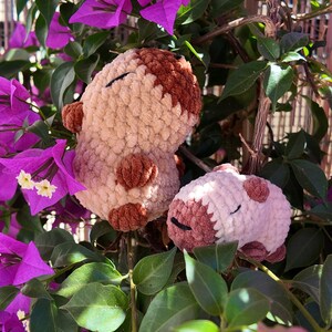 Pu&ograve; includere: Due peluche di capibara fatti a mano. Il pi&ugrave; grande &egrave; beige chiaro con dettagli marroni, il pi&ugrave; piccolo &egrave; beige rosato. Sono ambientati tra vibranti fiori di bouganville viola e foglie verdi. I giocattoli sono realizzati in materiale morbido e strutturato.