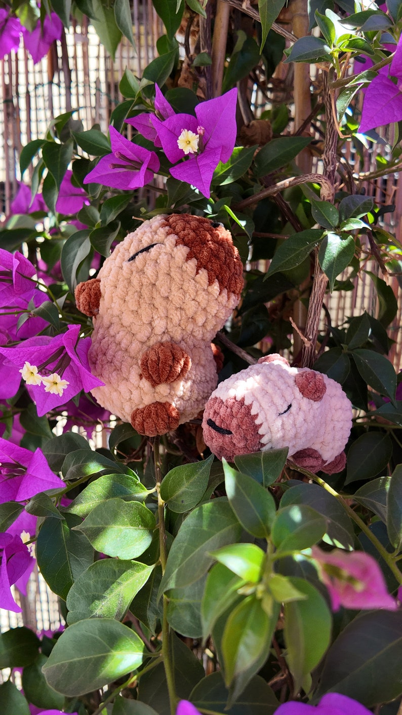 Pu&ograve; includere: Due peluche di capibara fatti a mano. Il pi&ugrave; grande &egrave; beige chiaro con dettagli marroni, il pi&ugrave; piccolo &egrave; beige rosato. Sono ambientati tra vibranti fiori di bouganville viola e foglie verdi. I giocattoli sono realizzati in materiale morbido e strutturato.
