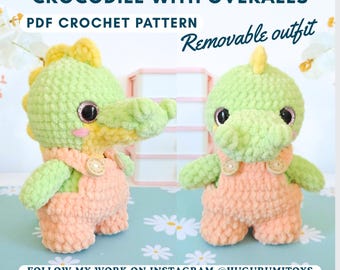 Crocodile Crochet Pattern: Amigurumi Plush Toy with Overalls (PDF Pattern