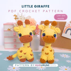 May include: Two yellow and brown crocheted giraffe plush toys with large blue eyes and pink cheeks. The text reads LITTLE GIRAFFE PDF CROCHET PATTERN, Low-sew muzzle, and PATTERN BY HUGURUMITOYS. The giraffes have textured yarn bodies and brown spots.