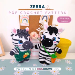 May include: Two handmade crochet zebra plush toys with black and white stripes, large blue eyes, and pink cheeks. One zebra wears green overalls with a small orange carrot, and the other carries a green bag with a carrot. Text reads ZEBRA PDF CROCHET PATTERN.