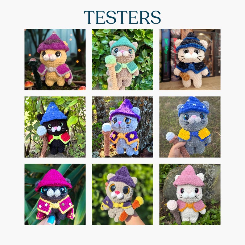 May include: A collection of nine crocheted cat figurines, each dressed as a wizard with a pointed hat and cape. The cats are in various colors, including yellow, gray, black, and white, with accents of purple, blue, and pink. The word "TESTERS" is at the top.