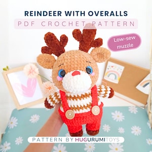 Reindeer with Overalls Amigurumi Crochet Pattern PDF – Low-Sew Muzzle - Christmas Best Seller