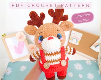 Reindeer with Overalls Amigurumi Crochet Pattern PDF – Low-Sew Muzzle - Christmas Best Seller