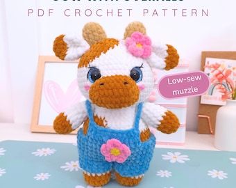 Cow Amigurumi Pattern PDF – Cute Crochet Cow with Overalls Low-Sew Muzzle