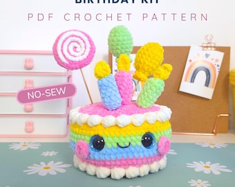 Birthday Cake Crochet Pattern PDF – Party Amigurumi Kit with Candles, Balloons, Lollipops & Wearable Party Hat