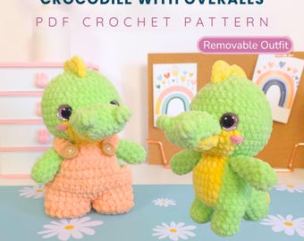 Crocodile Crochet Pattern: Amigurumi Plush Toy with Overalls (PDF Pattern