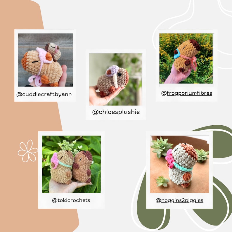 Pu&ograve; includere: Una collezione di peluche di animali fatti a mano all'uncinetto in vari colori, tra cui beige, marrone e rosa. Ogni peluche presenta dettagli unici ed &egrave; esposto in una cornice quadrata con il nome utente Instagram del creatore.