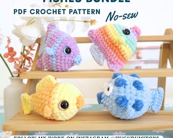 3 in 1 No-Sew Crochet patterns - Pufferfish - Angelfish - Fish - Amigurumi animals sealife - Hugurumitoys