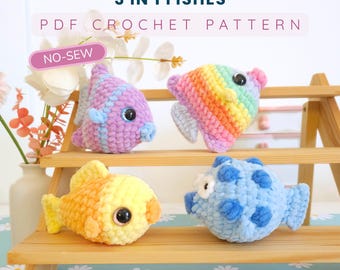 3 in 1 No-Sew Crochet patterns - Pufferfish - Angelfish - Fish - Amigurumi animals sealife - Hugurumitoys