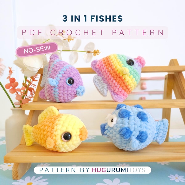 3 in 1 No-Sew Crochet patterns - Pufferfish - Angelfish - Fish - Amigurumi animals sealife - Hugurumitoys