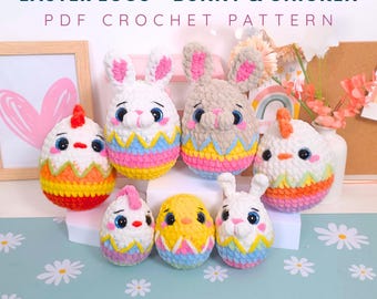 Bunny & Chicken Easter Eggs PDF Crochet Amigurumi Pattern - 4 in 1 - 3 no-sew 1 low-sew
