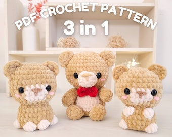 3 in 1 Crochet patterns - Teddy bear - Regular + No-sew options amigurumi - Hugurumitoys