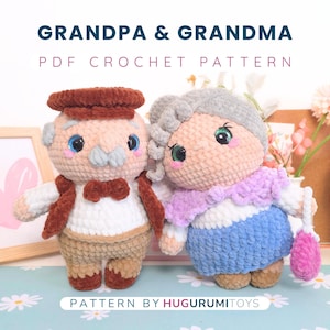 May include: Two crocheted dolls, a grandpa and grandma, stand side-by-side. The grandpa doll wears a brown cap, vest, and bow tie. The grandma doll has gray hair, a purple shawl, and a blue skirt. The text "GRANDPA & GRANDMA PDF CROCHET PATTERN" is at the top.