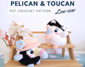 Crochet Pattern 2 in 1 Low-Sew Bird Pelican and Toucan  | Fast & Easy Amigurumi with 3 Hats | Beginner-Friendly Plush for Spring