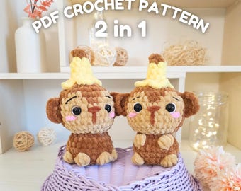 2 in 1 Crochet patterns - Monkeys plushies - Low-sew amigurumi - Hugurumitoys