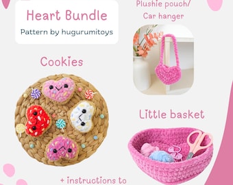 PDF Crochet patterns - Heart Bundle Cookies Car Hanger Plushie Bag Basket Valentine's Day - Hugurumitoys