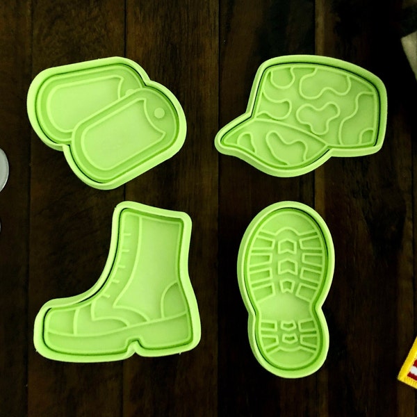 Military Inspired Cookie Cutters | Combat Boot, ID Dog Tags, Boot Print and Camo Cap