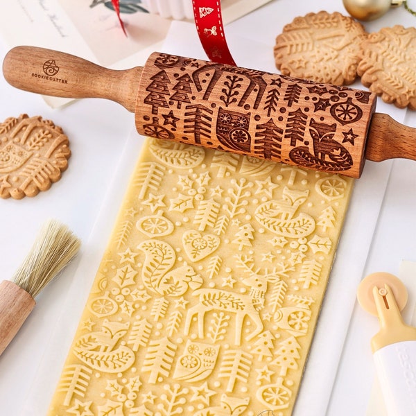 Christmas Forest Animal Rolling Pin Embossed Textured Cookies Shortbread, Carved Wood Embossed Rolling Pin, Cookie Stamp, Muffin Mold, Gifts