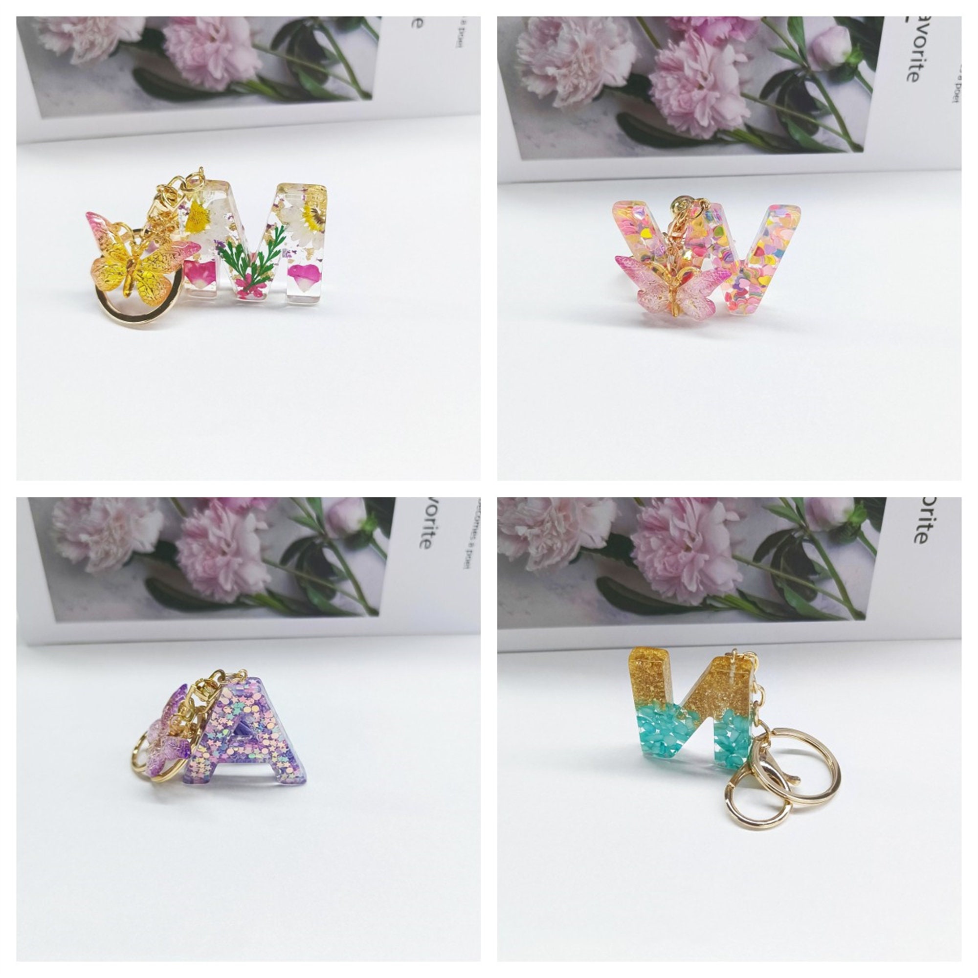 Personalisierter Buchstabe Blumen Harz Schlüsselanhänger,Handgemachter Buchstaben Schmetterling Schlüsselanhänger,Quasten Anhänger Schlüsselanhänger,Florale Geburtstagsgeschenke,Brautjungfern Geschenke