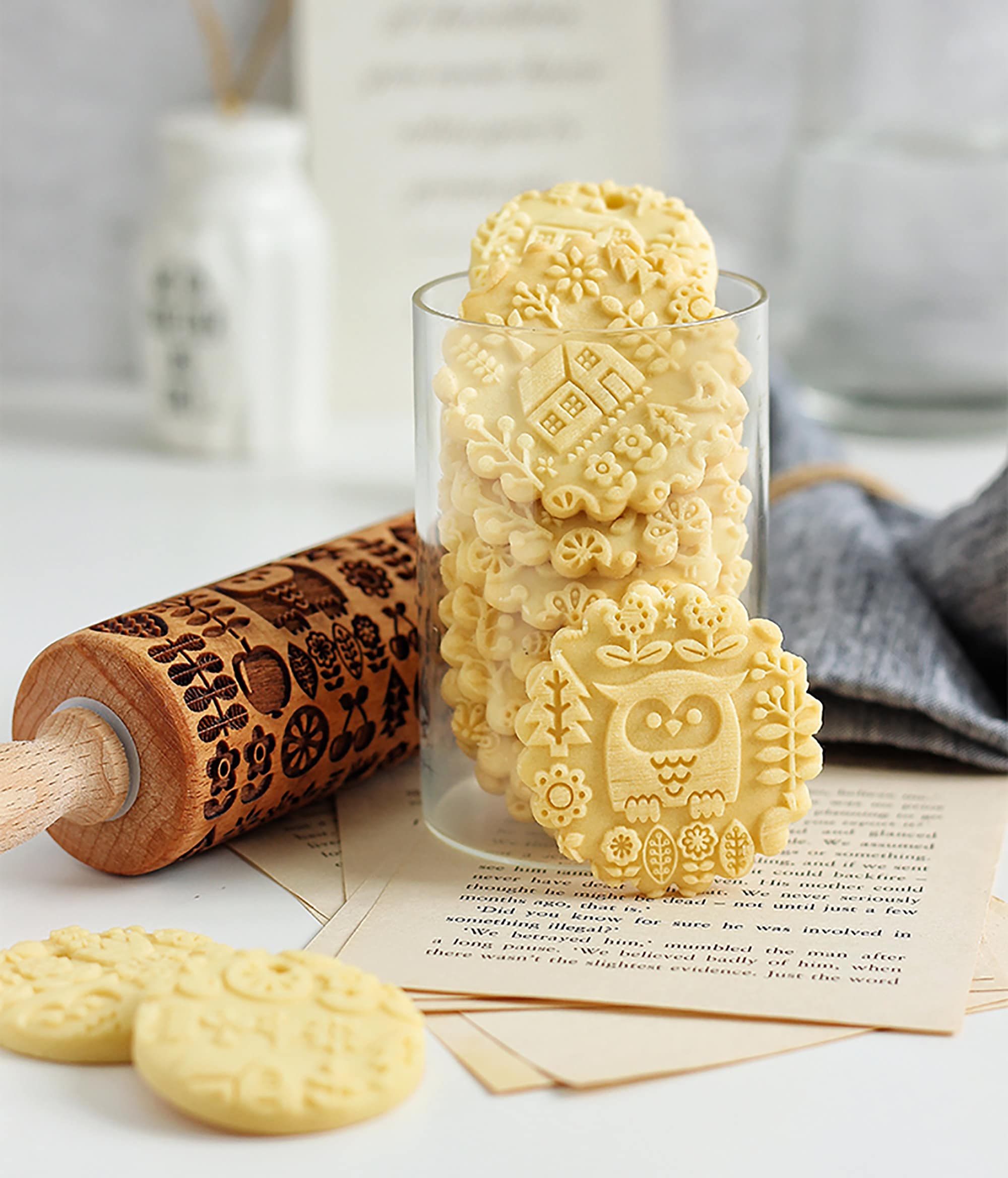 Kawaii Forest Owl Rolling Pin, Cute Owl Biscuit Mold, Carved Wood