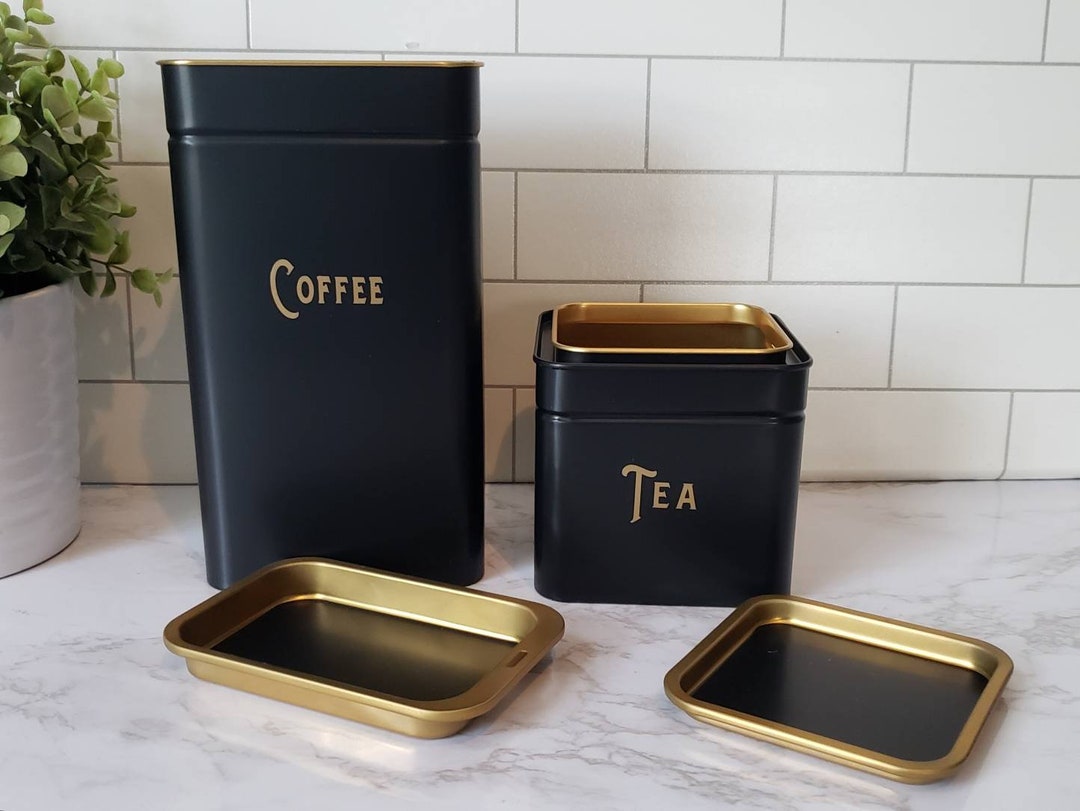 Coffee and Tea Canisters, Black and Gold, Coffee Bar, Coffee Storage, Tea Storage, Kitchen Decor