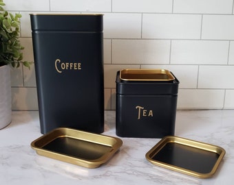 Coffee and Tea Canisters, Black and Gold, Coffee Bar, Coffee Storage, Tea Storage, Kitchen Decor, Housewarming Gift, Kitchen Storage