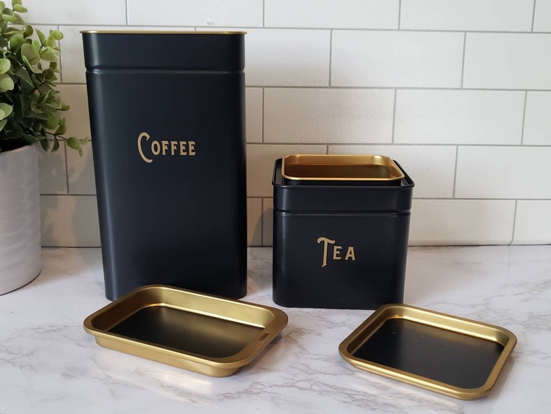 Coffee and Tea Canisters, Black and Gold, Coffee Bar, Coffee Storage, Tea Storage, Kitchen Decor, Housewarming Gift, Kitchen Storage image 1