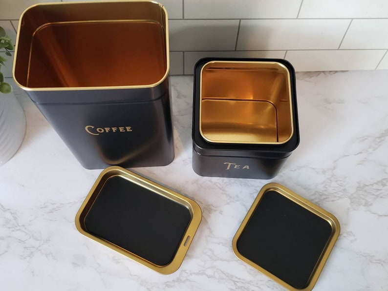 Coffee and Tea Canisters, Black and Gold, Coffee Bar, Coffee Storage, Tea Storage, Kitchen Decor, Housewarming Gift, Kitchen Storage afbeelding 5