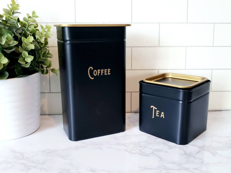 Coffee and Tea Canisters, Black and Gold, Coffee Bar, Coffee Storage, Tea Storage, Kitchen Decor, Housewarming Gift, Kitchen Storage image 4
