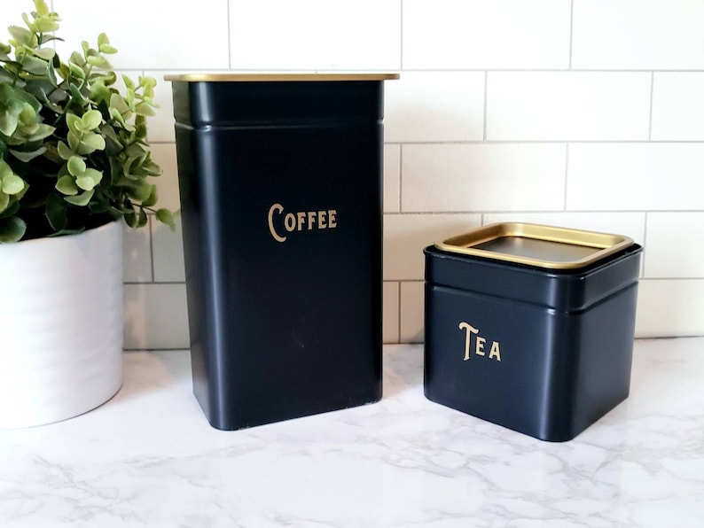 Coffee and Tea Canisters, Black and Gold, Coffee Bar, Coffee Storage, Tea Storage, Kitchen Decor, Housewarming Gift, Kitchen Storage afbeelding 4