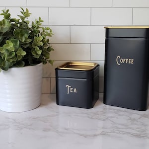 Coffee and Tea Canisters, Black and Gold, Coffee Bar, Coffee Storage, Tea Storage, Kitchen Decor, Housewarming Gift, Kitchen Storage image 3