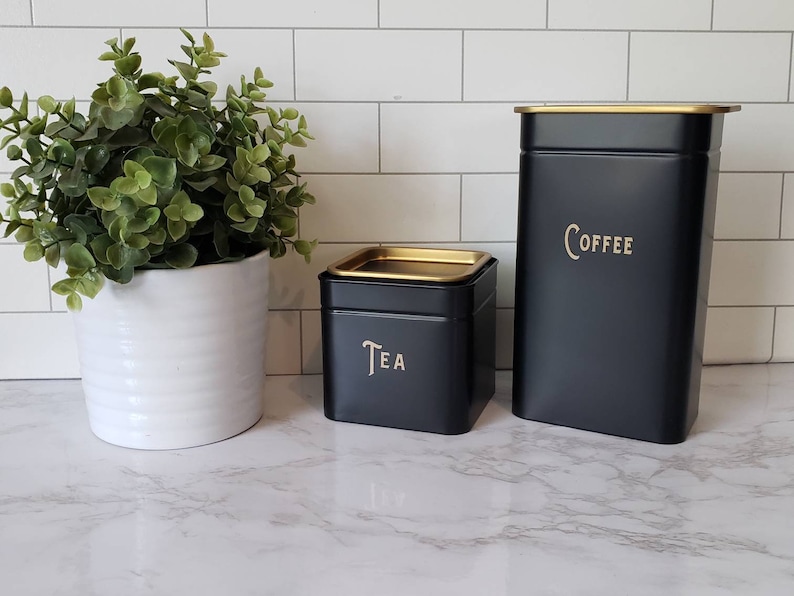 Coffee and Tea Canisters Black and Gold Coffee Bar Coffee Etsy