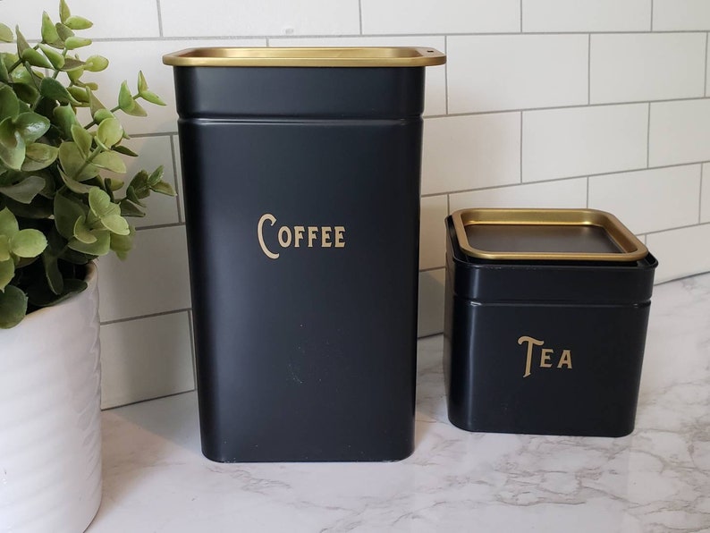 Coffee and Tea Canisters, Black and Gold, Coffee Bar, Coffee Storage, Tea Storage, Kitchen Decor, Housewarming Gift, Kitchen Storage image 2