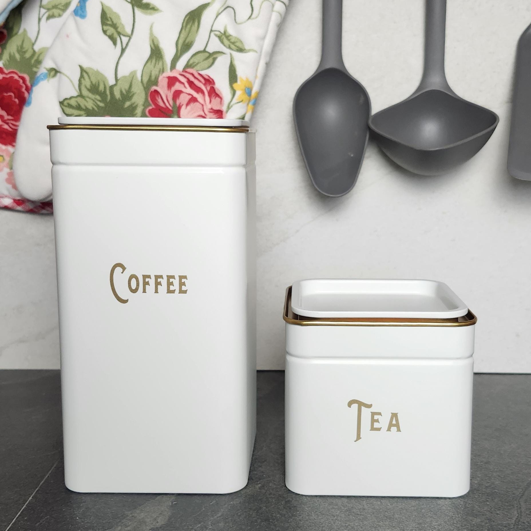 Coffee and Tea Canisters, White and Gold, Coffee Bar, Coffee Storage, Tea Storage, Kitchen Decor, Housewarming Gift, Kitchen Storage