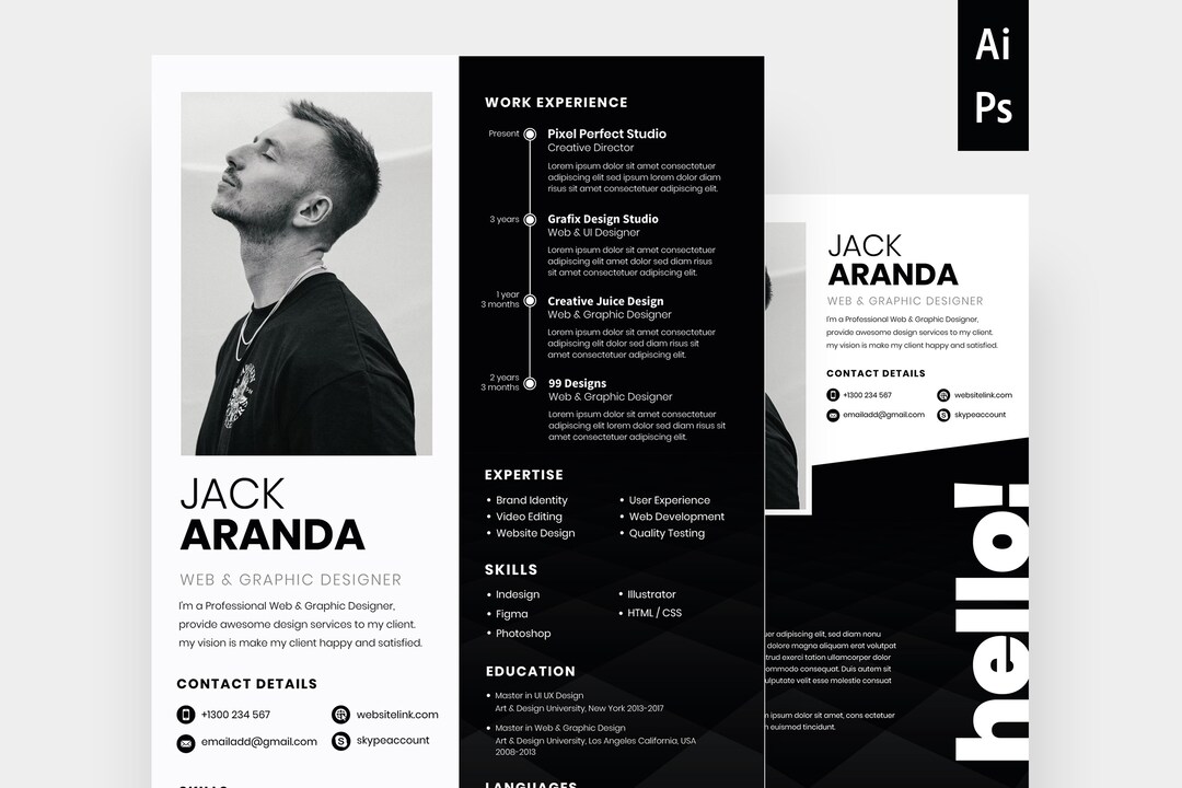 Modern Black and White Resume for Web Designer and Graphic - Etsy
