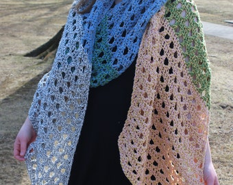Crochet Pattern ~ Winter to Spring Bias Wrap Crochet Spring Wrap Shawl Light Scarf Tassels Crochet Lace Shawl ~ PDF Crochet Pattern