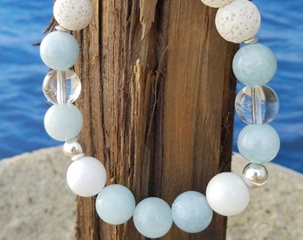 Aquamarine Diffuser Bracelet, Crystal Quartz, Tridacna Shell