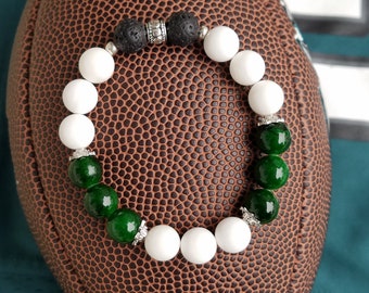 Sports team jewelry // Green and White bracelet // Diffuser Bracelet