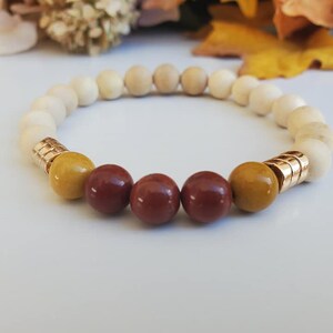 Mookaite Jasper bracelet, diffuser bracelet, Red and Yellow bracelet, Fall Fashion, Boho jewelry, Essential oil bracelet, wood bead bracelet