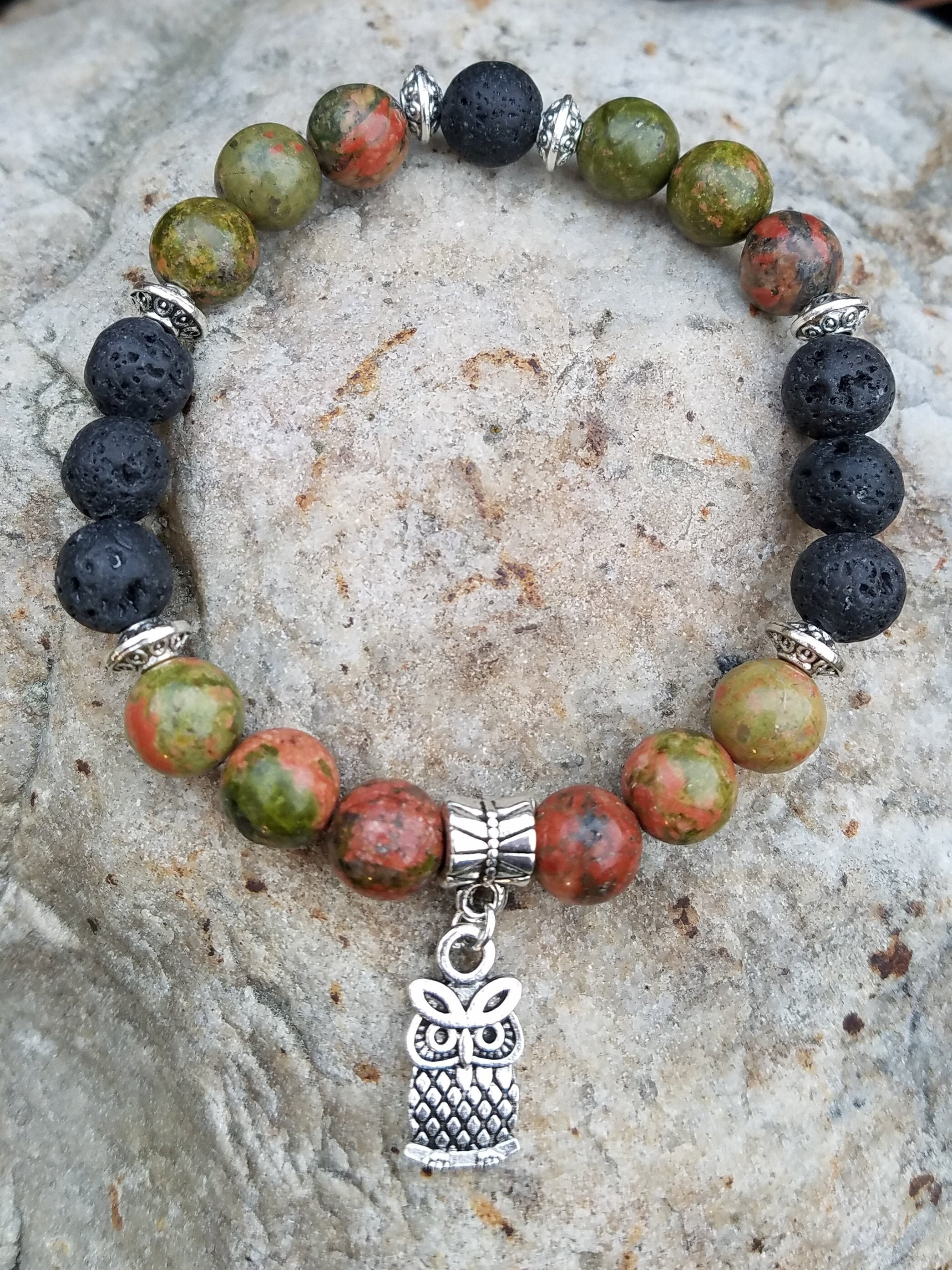 Owl Charm bracelet, Unakite Diffuser Bracelet, Animal lover jewelry, nature lover jewelry, aromather