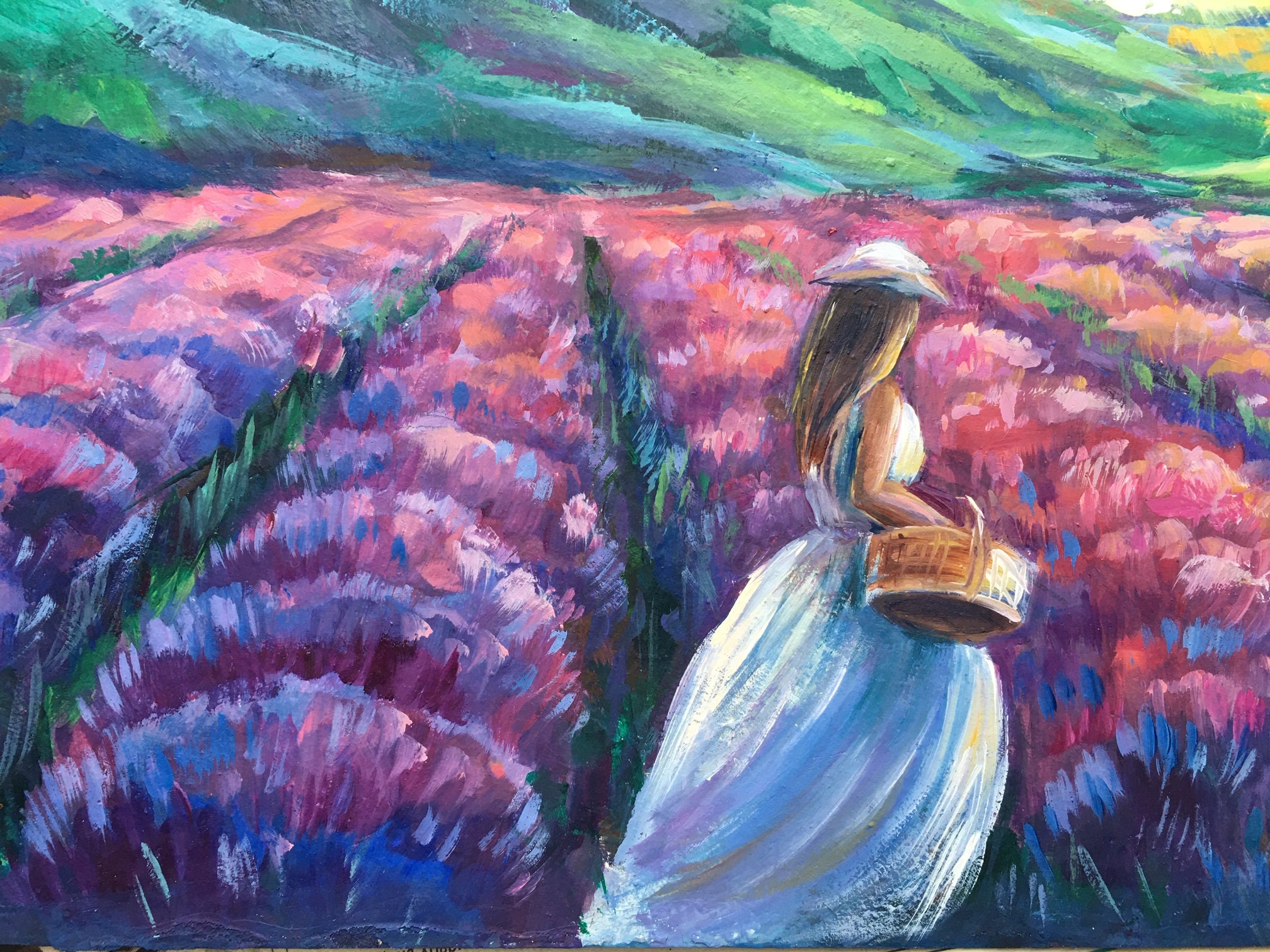 Girl Field Painting Lavender Field Blue Grass Tuscany Original Etsy
