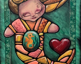 Whimsical Mermaid Acrylic Painting with Seahorse Aquarium, 16x20