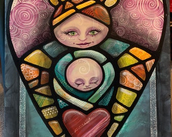 Mother Angel Acrylic Painting: Oshka Angel with Swaddled Baby, 16x20