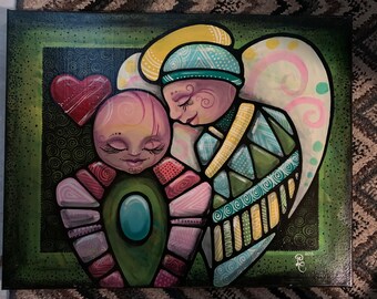 Oshka Angel Painting, Quilt Pattern Art, 16x20 Canvas
