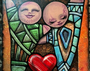 Sisters Art Print, Oshka Acrylic Painting on Canvas