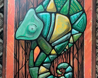 Oshka Chameleon Painting, Quilt Pattern Acrylic Art, 16x20 Canvas