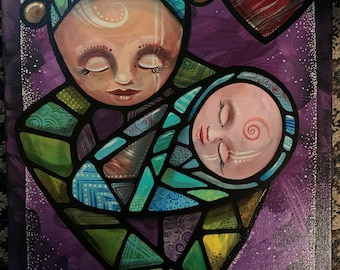 Mama and Baby Oshka Acrylic Painting, Quilt Design on Canvas
